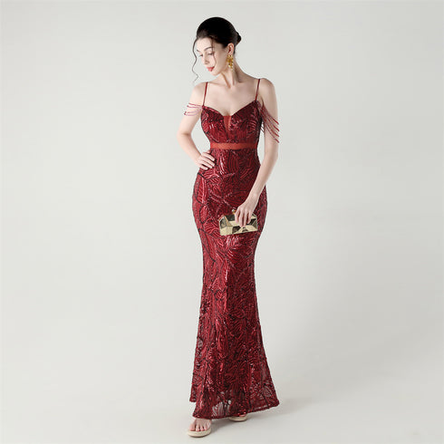 Graceful Sequin Embellished Mesh Mermaid Maxi Dress